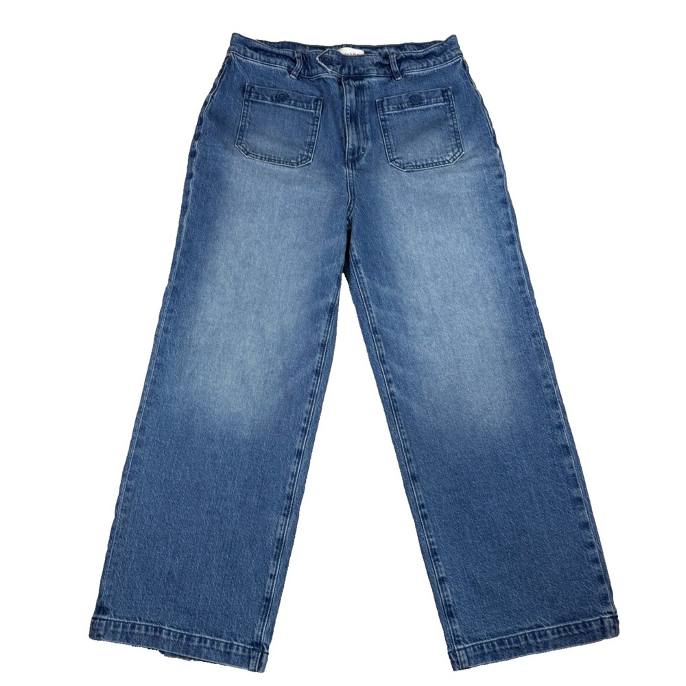 LOFT Wide Leg Jeans Womens 30/10 Blue High Rise Patch Pocket Boho Retro Stretch